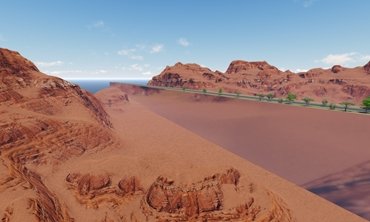 Concept rendering of a linear structure cutting across desert cliffs.